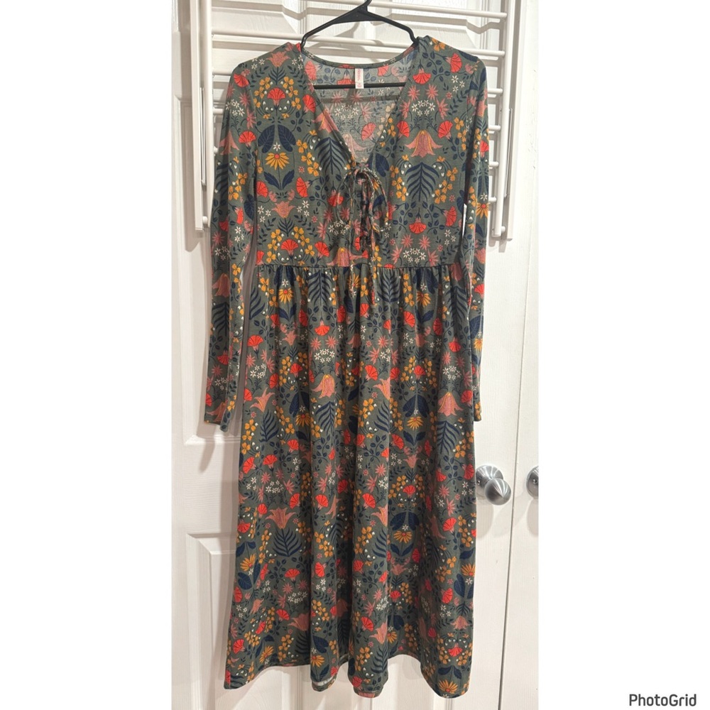 Xhilaration Green Floral Midi Lace Up Dress Whimsigoth Boho Chic